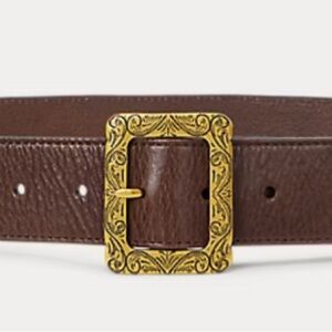 Lauren Ralph Lauren Tumbled Leather Dark Brown Belt with Gold Buckle